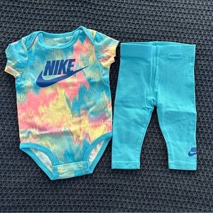 NWOT Nike Multicolor Tie-Dye Onesie and Blue Leggings Set.